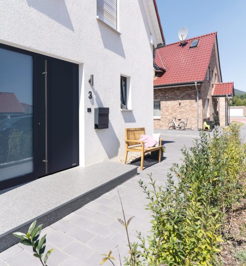 aluminium haustür thermoplan hybrid motiv 860, edelstahl griff hoe 710, hörmann farbton ch 703 am, anthrazit metallic feinstruktur matt, optionales seitenteil