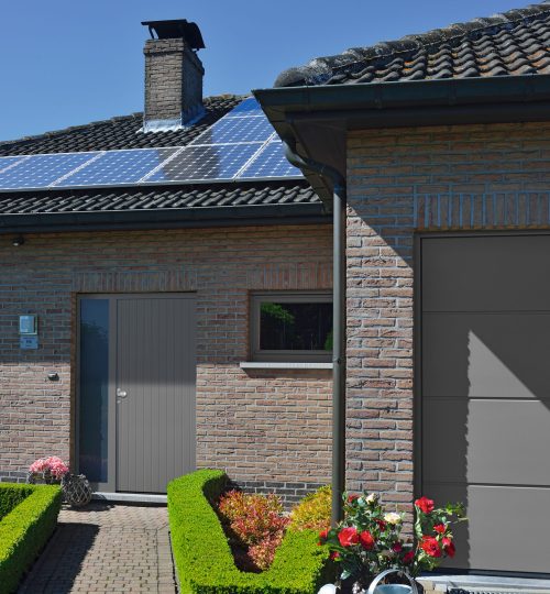 aluminium haustür thermosafe motiv 891, steingrau ral 7030, edelstahl knopf k 117